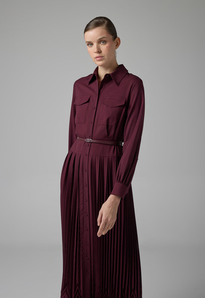 Choice Flap Pockets Pleated Dress Burgundy