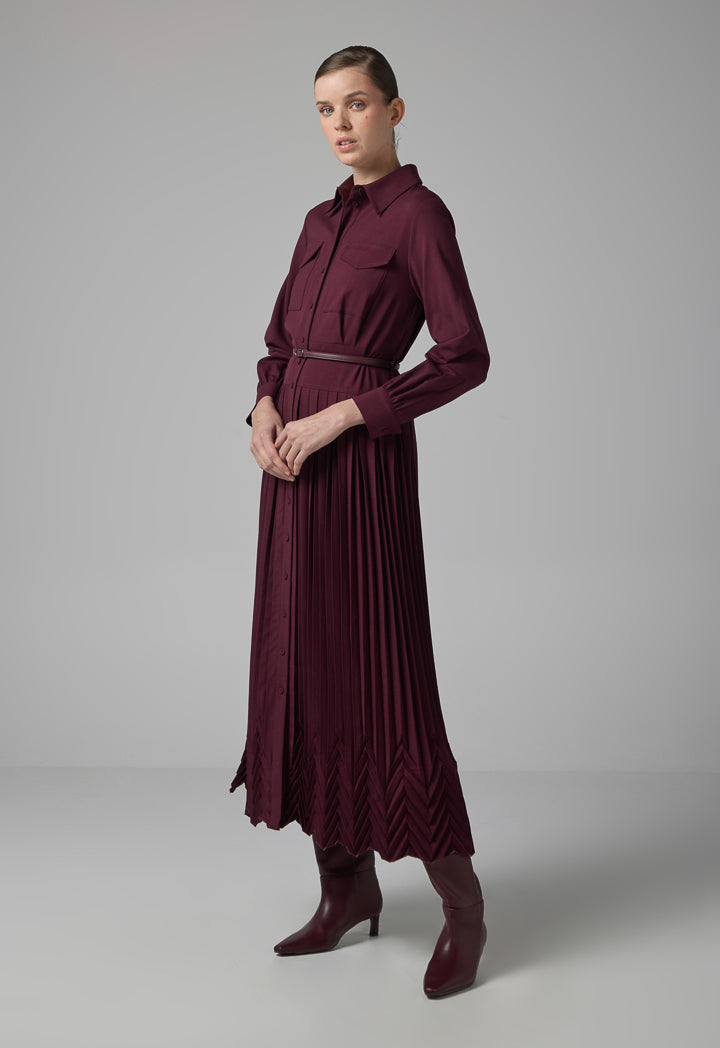 Choice Flap Pockets Pleated Dress Burgundy