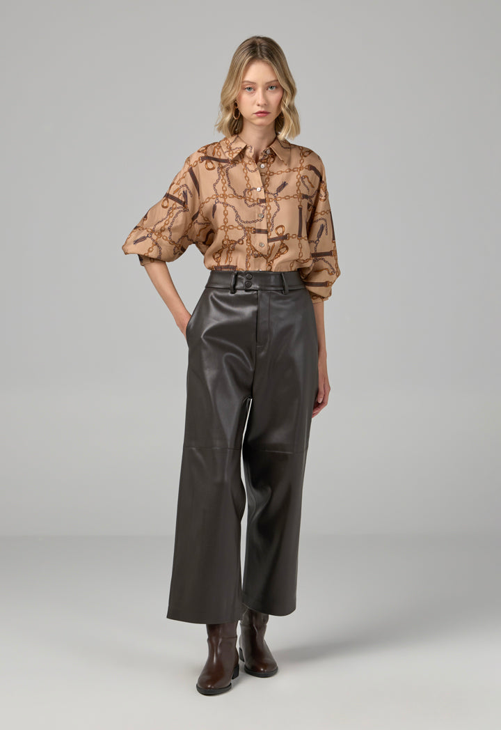 Choice Pu Leather Wide Legs Basic Trousers Brown