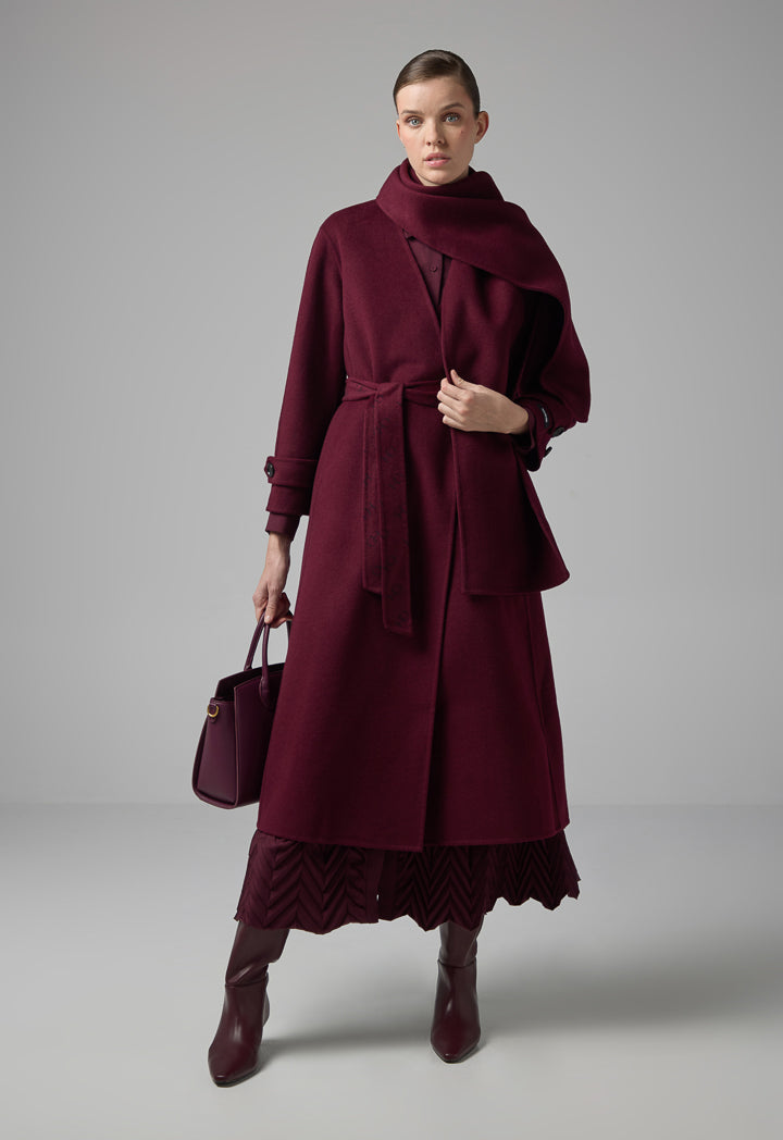 Choice Wool Handmade Coat With Detachable Scarf Burgundy