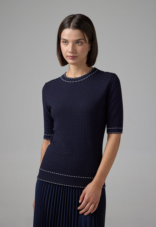 Choice Contrast Ribbed Knitted Top Navy