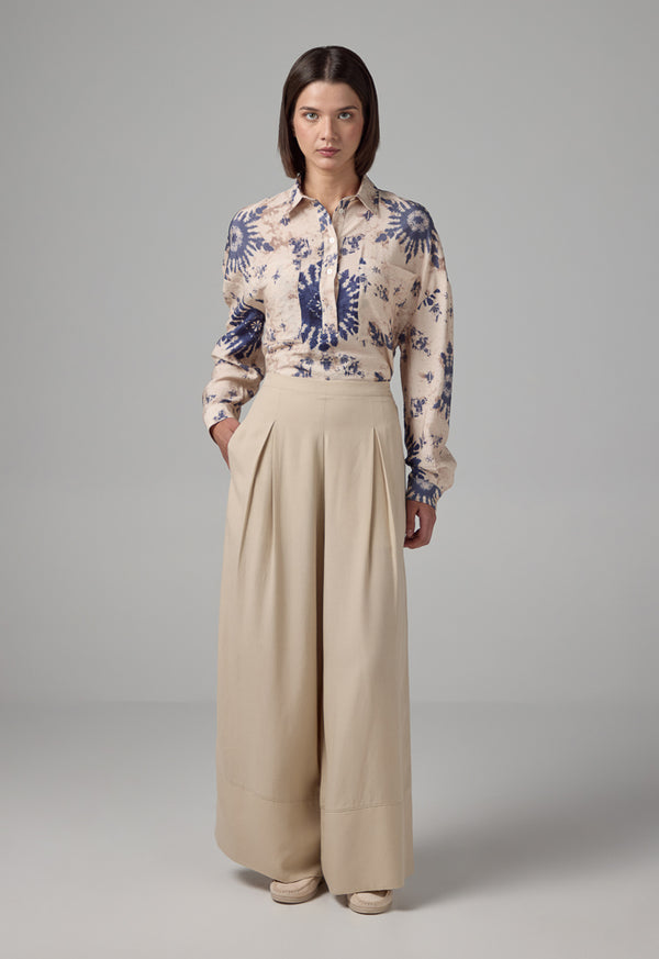 Choice Wide Leg Pleated Palazzo Trousers Beige