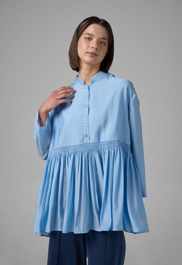 Choice Solid Pleated Hem Shirt Sky Blue