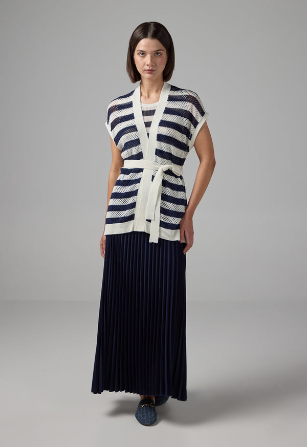 Choice Knitted Sleeveless Belted Cardigan Navy-White