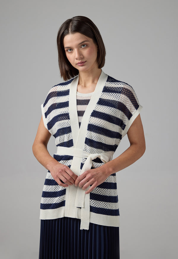 Choice Knitted Sleeveless Belted Cardigan Navy-White