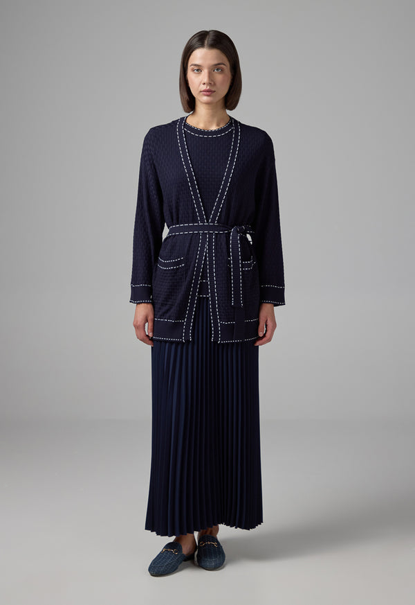 Choice Contrast Knitted Belted Cardigan Navy