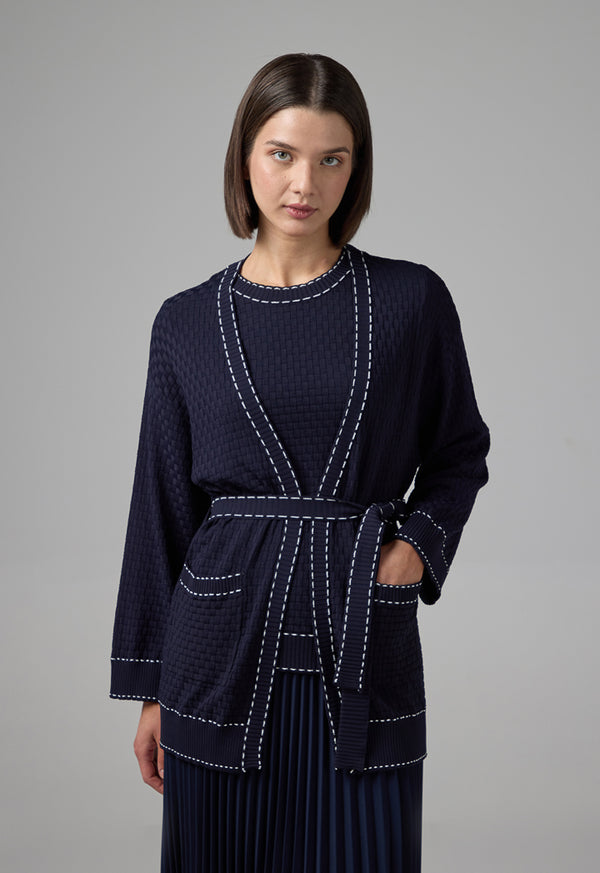 Choice Contrast Knitted Belted Cardigan Navy