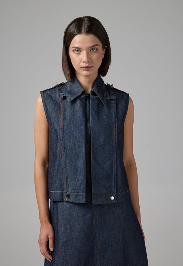 Choice Solid Sleeveless Denim Gilet Denim Blue