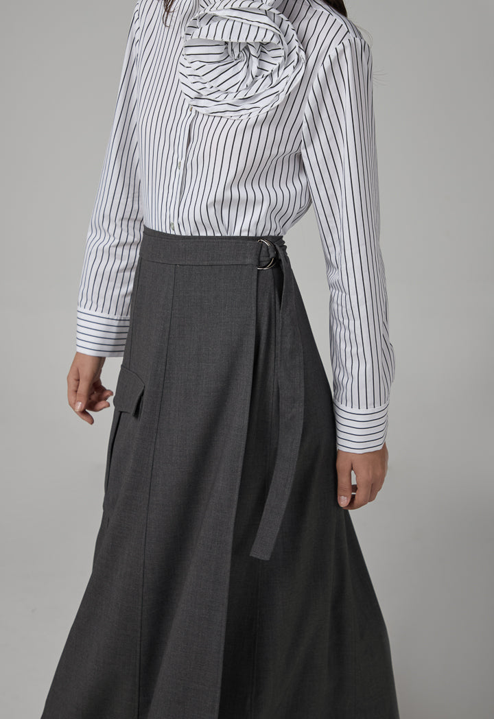 Choice Solid Wrap Flap Pocket Skirt Dark Grey