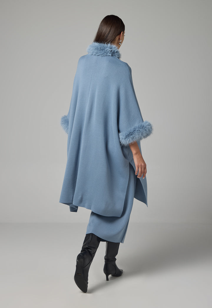 Choice Knitted Faux Fur Poncho Blue