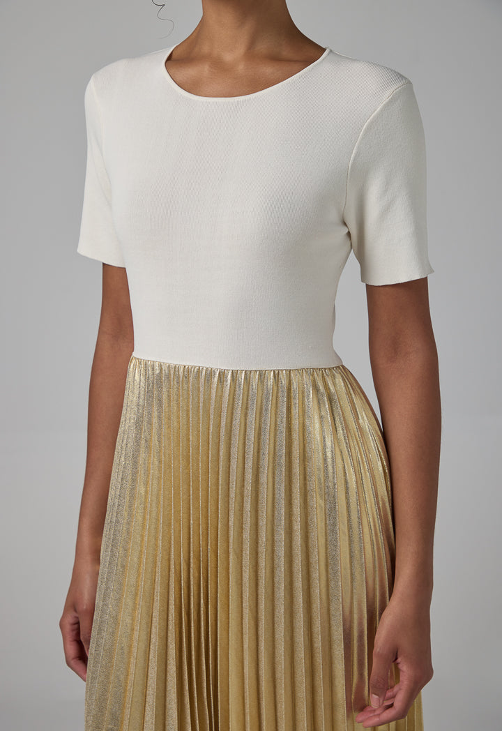 Choice Metallic Pleated Knitted Dress Beige