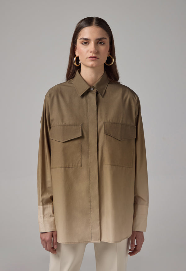 Choice Front Flap Pockets Ombre Shirt  Khaki
