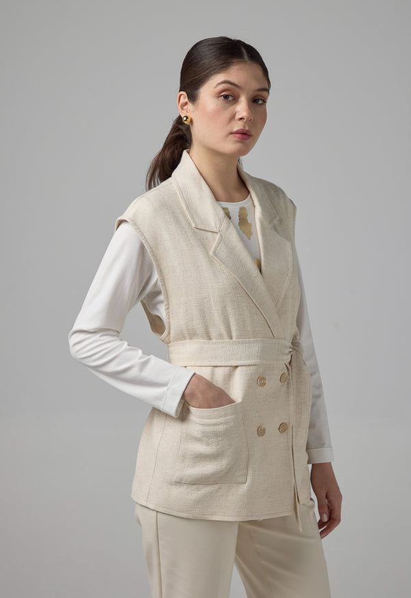 Choice Front Pockets Belted Gilet Beige