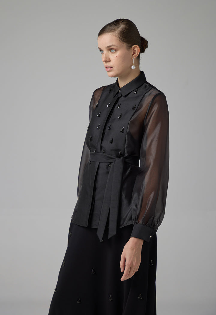 Choice Crystal Embellished Organza Shirt (2 Pcs) Black