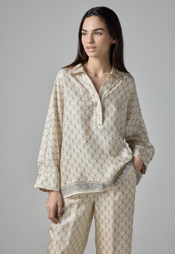 Choice Monogram Print Kimono Sleeves Shirt Beige