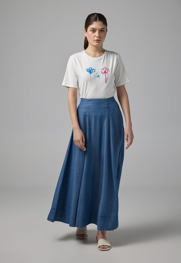 Choice Solid Flared Denim Skirt Navy