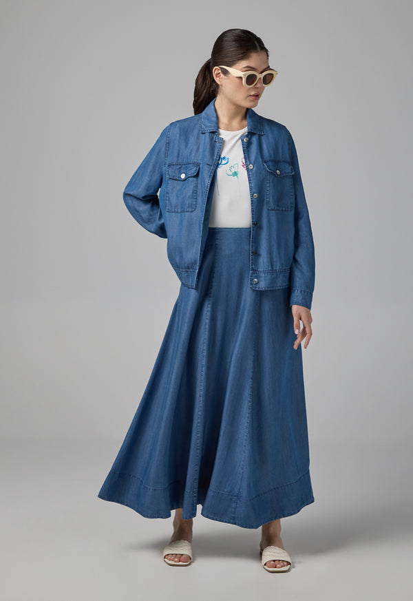 Choice Solid Flared Denim Skirt Navy