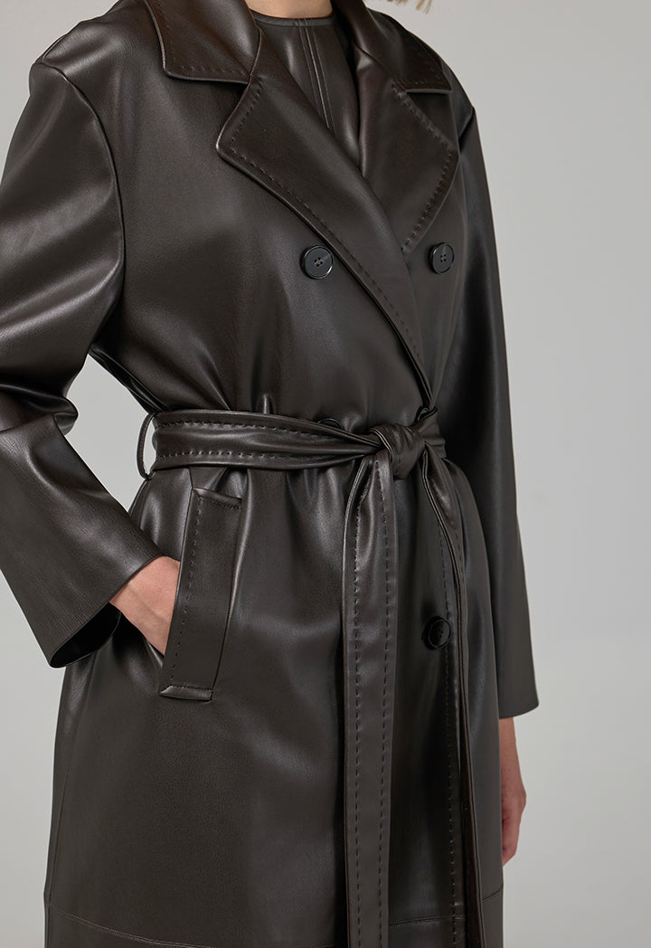 Choice Pu Leather Belted Trench Coat Brown