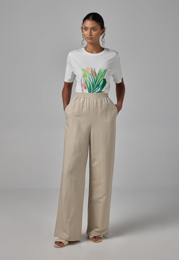 Choice Elastic Waist Wide Leg Trousers Sand