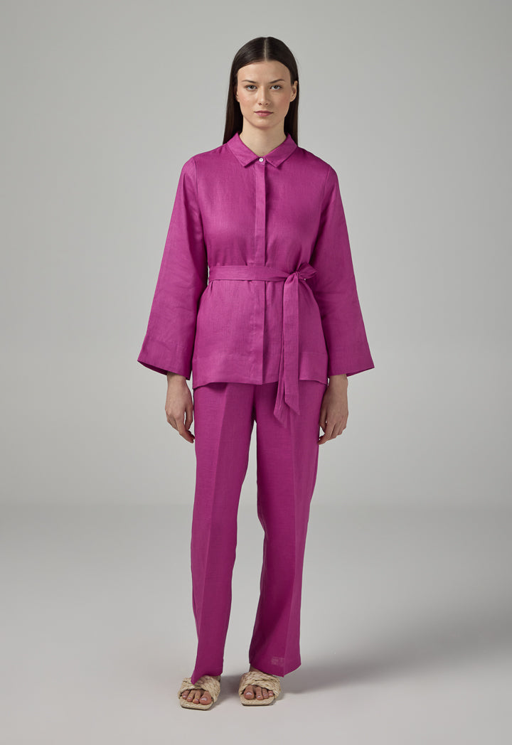 Choice Regular Fit Belted Linen Shirt Purple