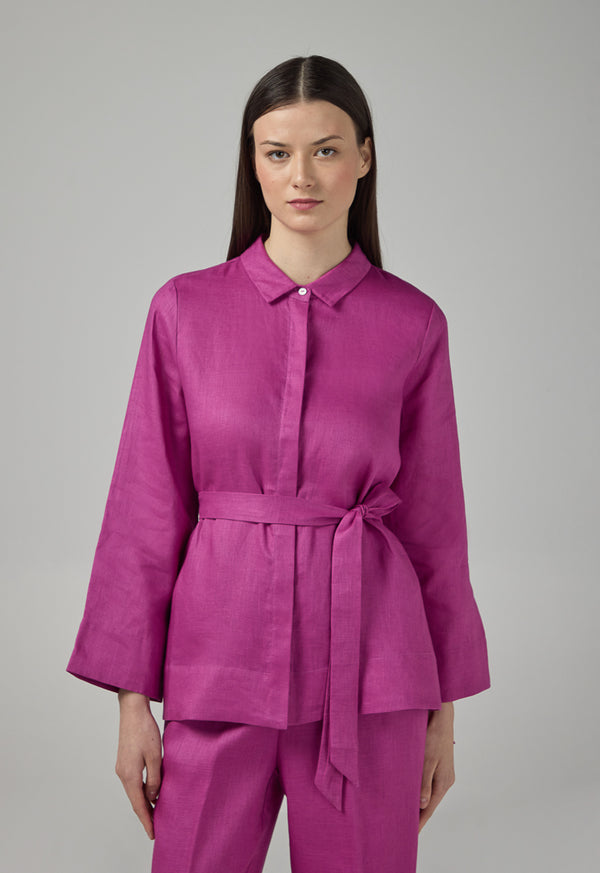 Choice Regular Fit Belted Linen Shirt Purple