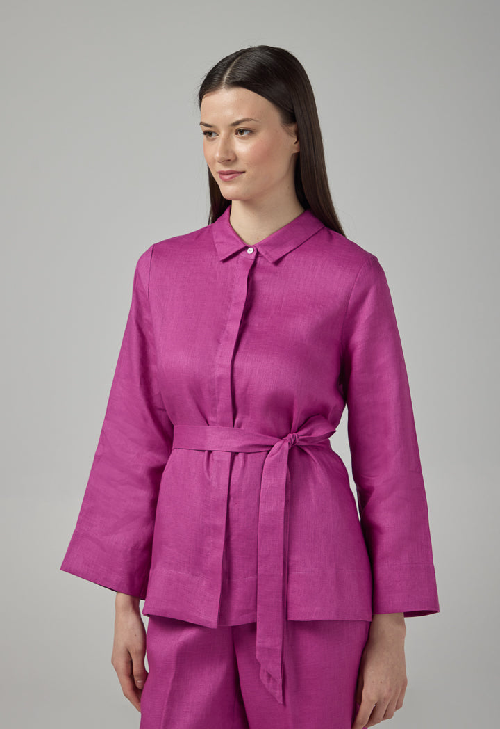 Choice Regular Fit Belted Linen Shirt Purple