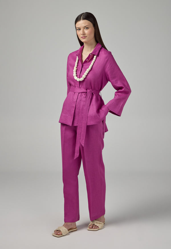 Choice Regular Fit Belted Linen Shirt Purple