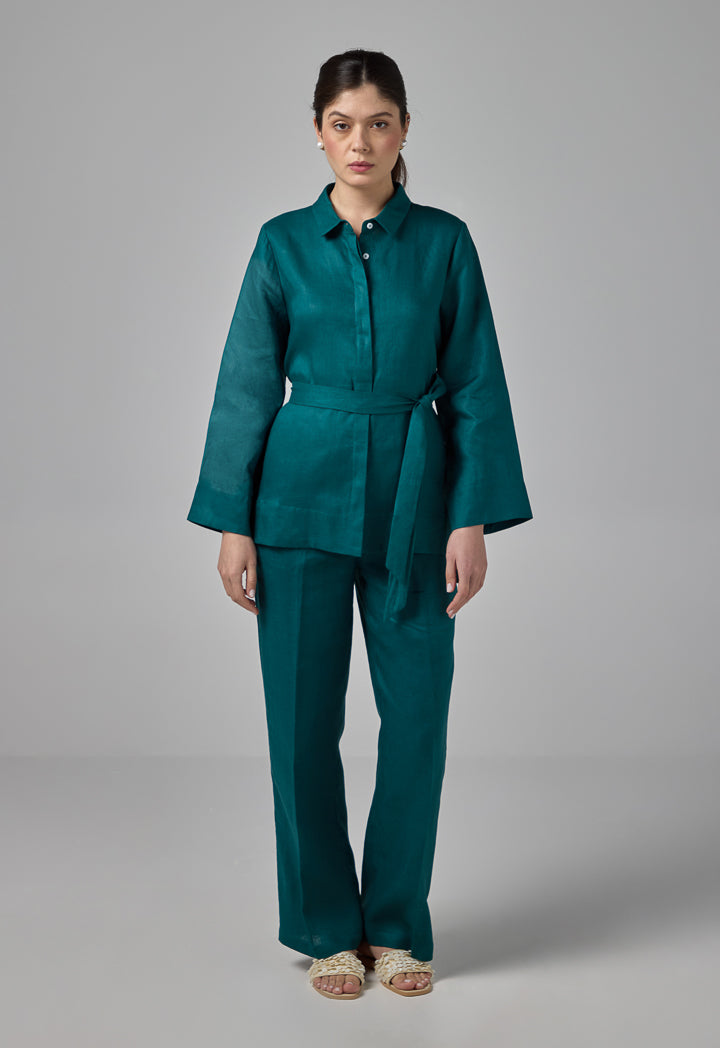 Choice Regular Fit Belted Linen Shirt Teal