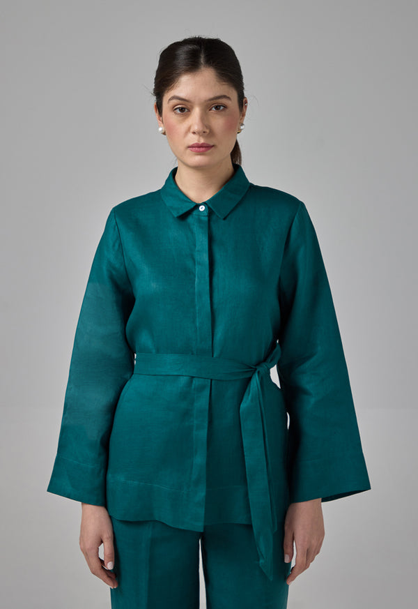 Choice Regular Fit Belted Linen Shirt Teal
