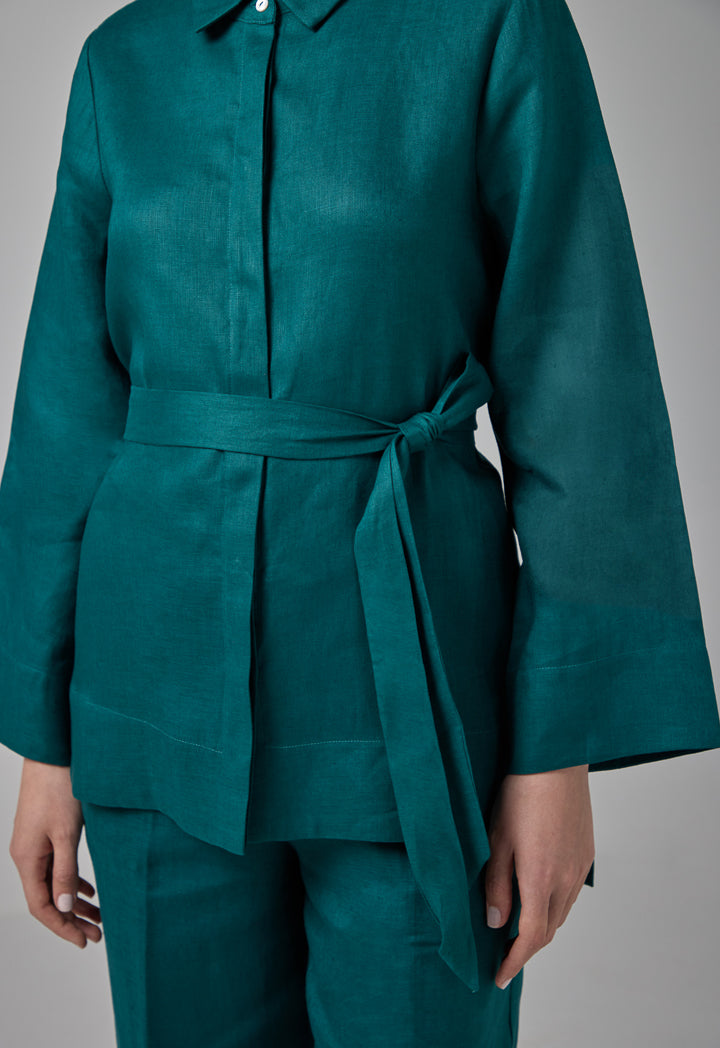Choice Regular Fit Belted Linen Shirt Teal