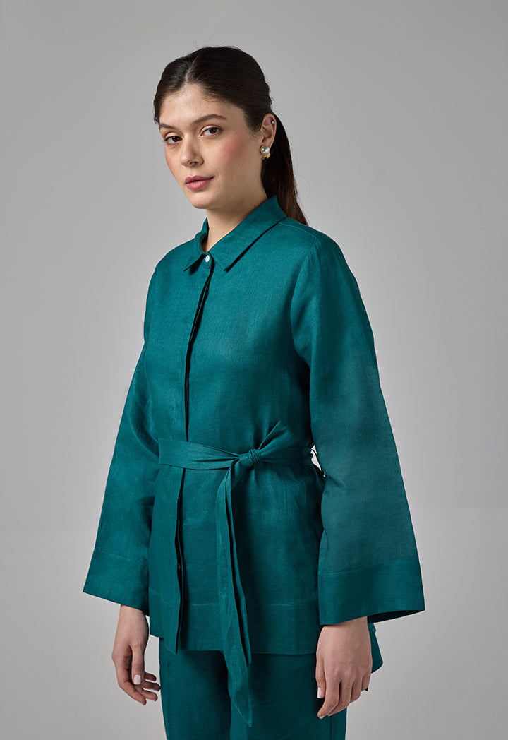 Choice Regular Fit Belted Linen Shirt Teal
