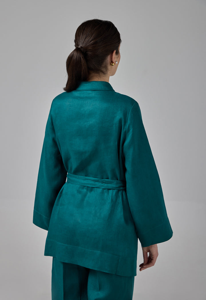 Choice Regular Fit Belted Linen Shirt Teal