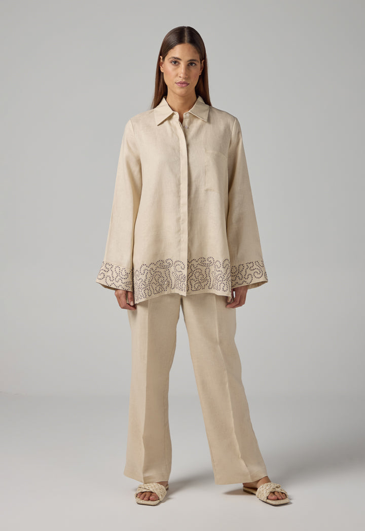 Choice Embroidered Contrast Linen Shirt Beige