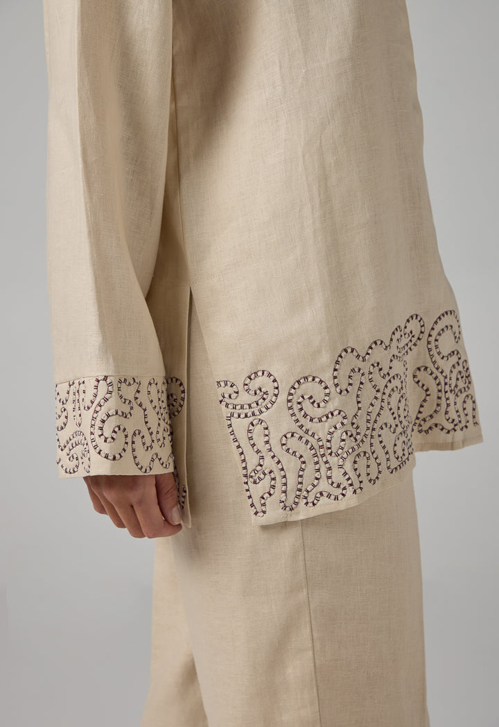 Choice Embroidered Contrast Linen Shirt Beige