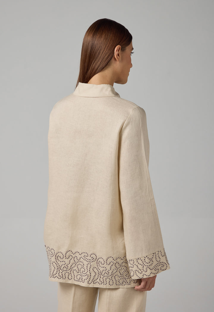 Choice Embroidered Contrast Linen Shirt Beige