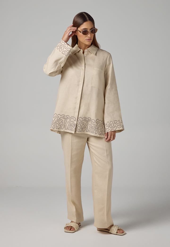 Choice Embroidered Contrast Linen Shirt Beige