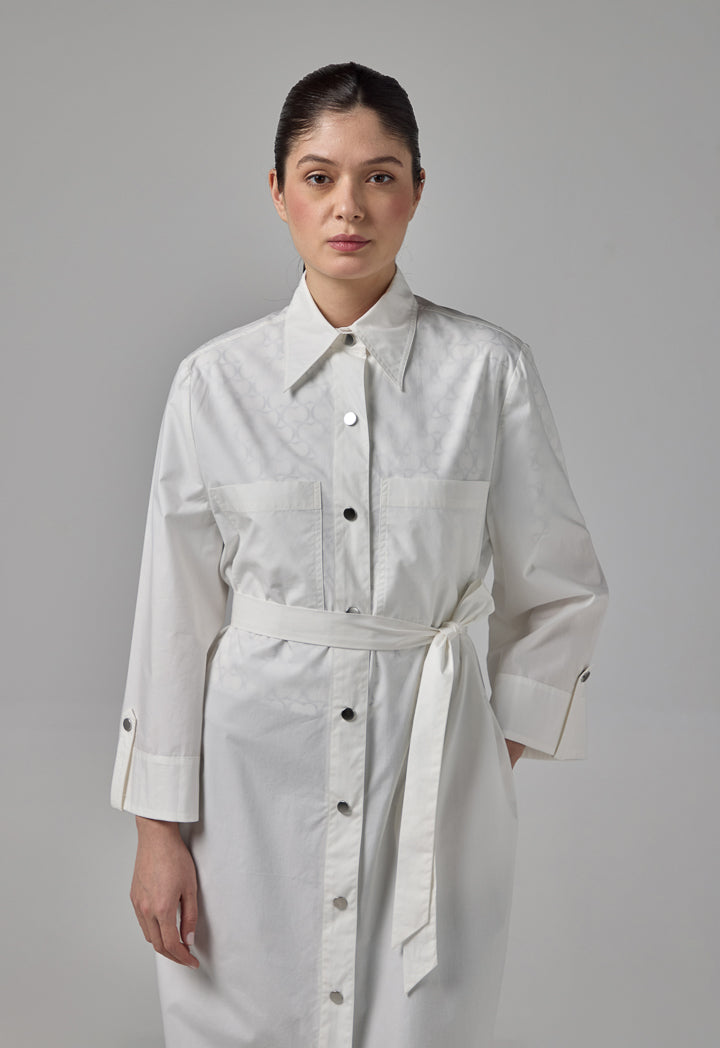 Choice Front Pockets Monogram Shirt Dress Off White