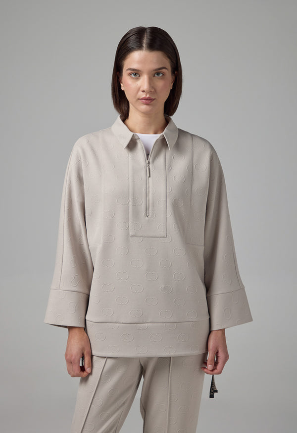 Choice Front Half-Zip Monogram Blouse Grey