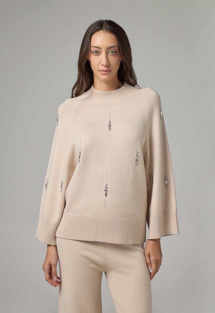 Choice Crystal Embellished Knitted Sweater Beige