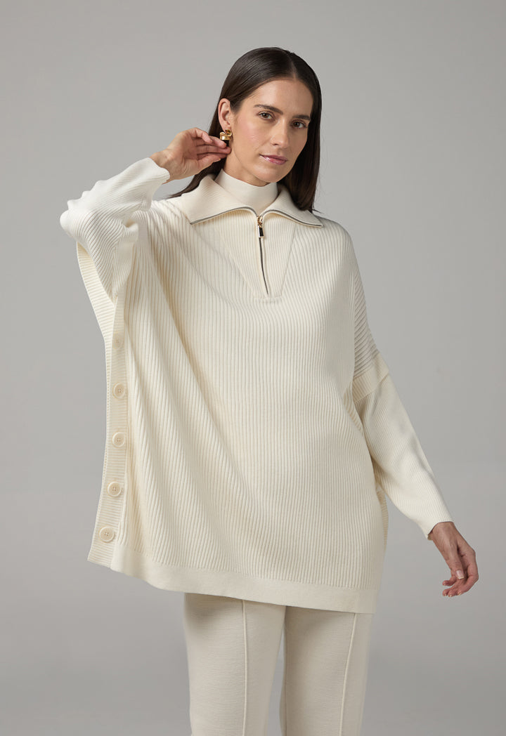 Choice Button Embellished Ribbed Sweater Cream