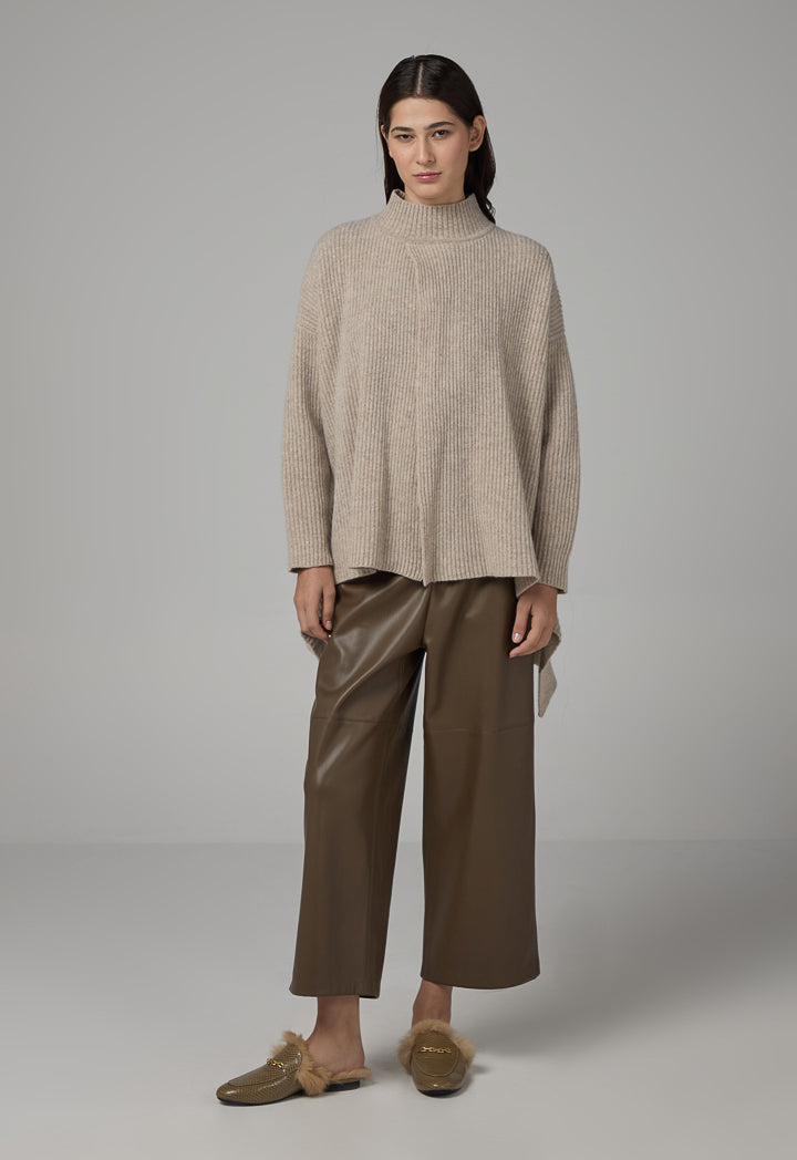 Choice Solid Knitted Ribbed Blouse  Oatmeal