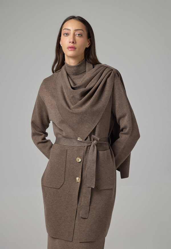 Choice Solid Knitted Belted Cardigan With Scarf Brown