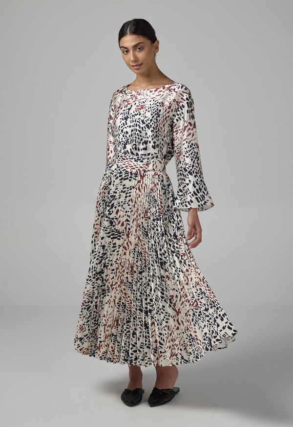 Choice Printed Pleated Flared Skirt Multi Color