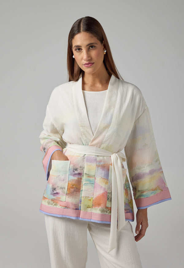 Choice Printed Front Pockets Belted Kimono  Multi Color