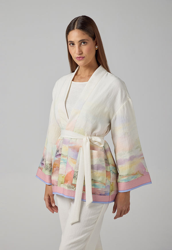 Choice Printed Front Pockets Belted Kimono  Multi Color