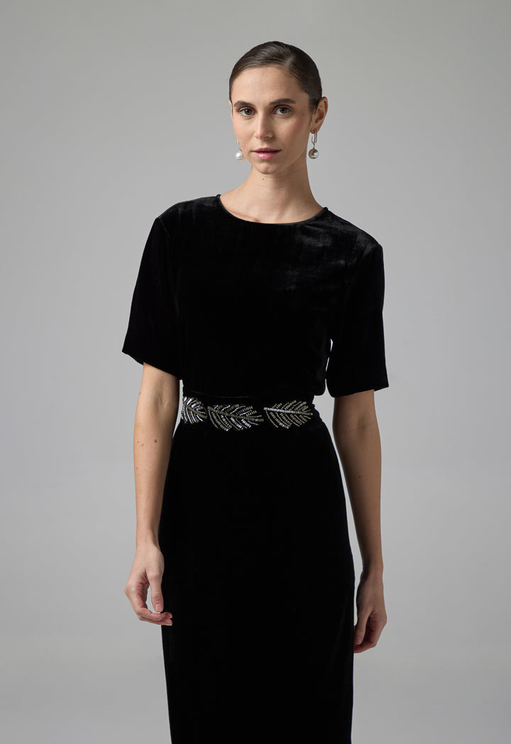 Choice Bead Embellished Velvet Dress Black