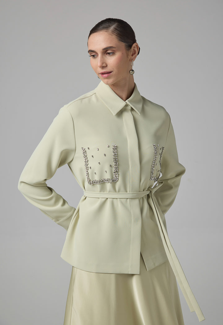 Choice Crystal Embellished Belted Shirt Olive