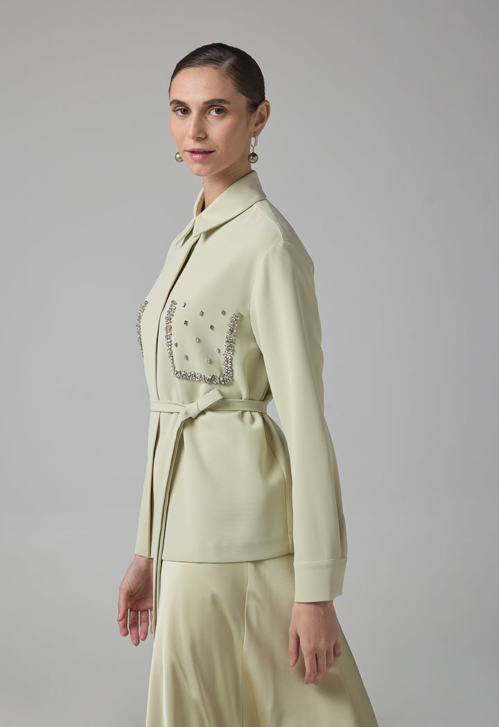 Choice Crystal Embellished Belted Shirt Olive