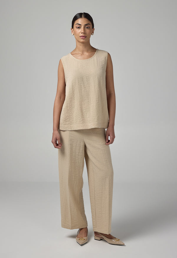 Choice Solid Sleeveless Crinkled Top Beige
