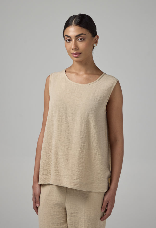 Choice Solid Sleeveless Crinkled Top Beige